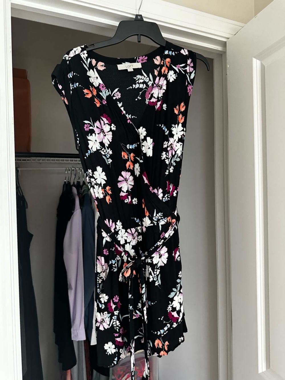 LOFT Black Floral Wrap Romper with Pink, White & Orange Blooms